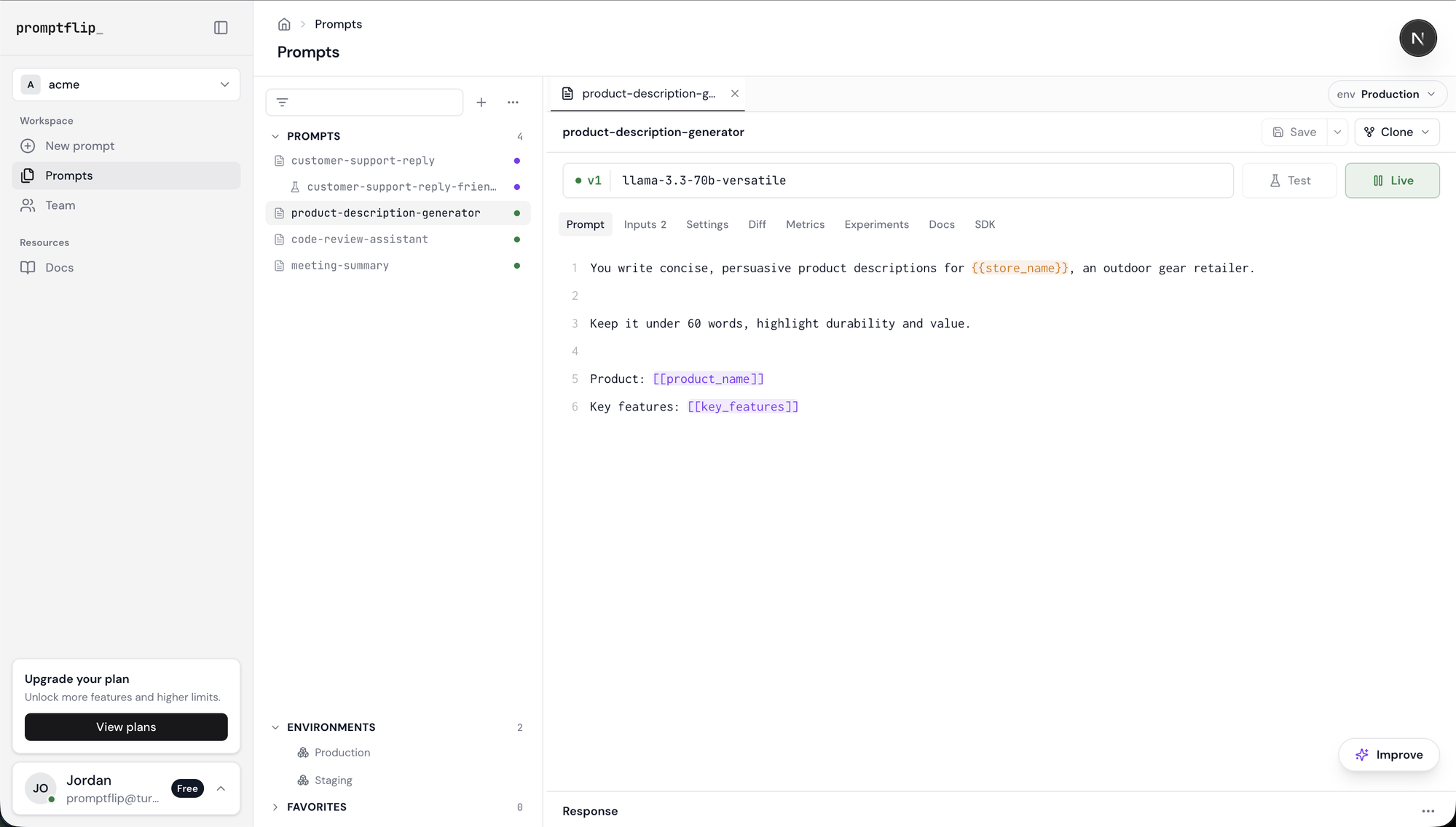 The real PromptFlip prompt editor, showing the product-description-generator prompt with input variables